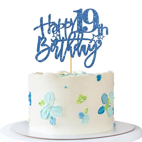 Tortenaufsatz "Happy 19th Birthday", für Mädchen und Jungen, 19. Geburtstag, Party-Dekoration, blauer Glitzer von MERRSHIN