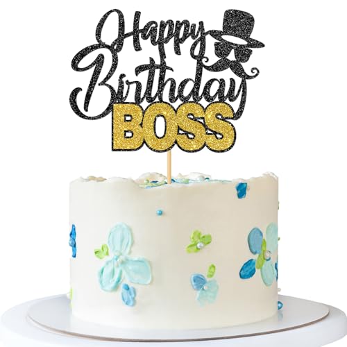 Tortenaufsatz "Happy Birthday Boss" – Gender Reveal Cake Supplies – Junge Mann Papa Geburtstagsparty – Babyparty Party Dekorationen – Schwarz Gold Glitzer von MERRSHIN