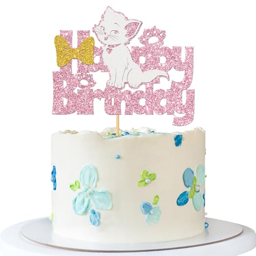 Tortenaufsatz "Happy Birthday" mit Katzen-Motiv – Katzengeburtstagskuchenzubehör – Let's Pawty – Babyparty für Kinder, Mädchen, Geburtstagsparty-Dekorationen – rosa Glitzer von MERRSHIN