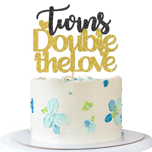 Tortenaufsatz "Twins Double the Love" – It's Twins Birthday Cake Supplies – Baby 1. 2. 3. Geburtstag Party – Babyparty Party Dekorationen – Schwarz Gold Glitzer von MERRSHIN