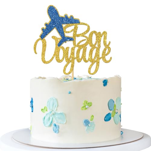 Tortenaufsatz mit Aufschrift "Bon Voyage", Reise-Thema, Kuchenzubehör – The Adventure Begin – Jobwechsel – Ruhestand – Umzug – Abschiedsparty-Dekorationen – Goldglitzer von MERRSHIN