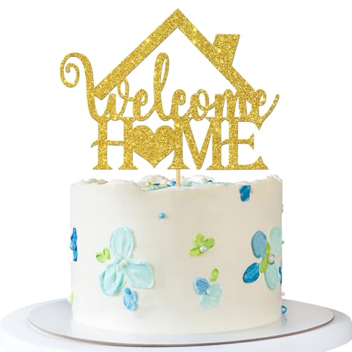 Tortenaufsatz mit Aufschrift "Welcome Home" – Kuchenzubehör zum Einzug – neues Zuhause – Familientreffen Party Dekorationen – goldener Glitzer von MERRSHIN