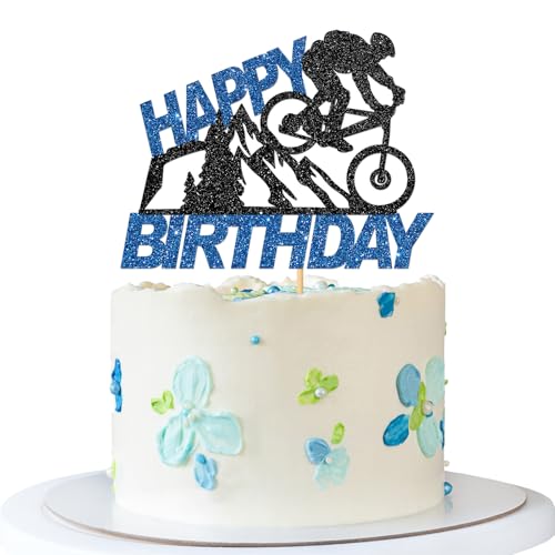 Tortenaufsatz mit Fahrrad-Motiv "Happy Birthday" – Sport-Motto Abenteuer Radfahren Party Kuchenzubehör – Junge Mädchen Geburtstag – Fahrrad-Party-Dekorationen – Schwarz Blau Glitzer Tortenaufsatz mit Fahrrad-Motiv "Happy Birthday" – Sport-Motto Abenteuer Radfahren Party Kuchenzubehör – Junge Mädchen Geburtstag – Fahrrad-Party-Dekorationen – Schwarz Blau Glitzer von MERRSHIN