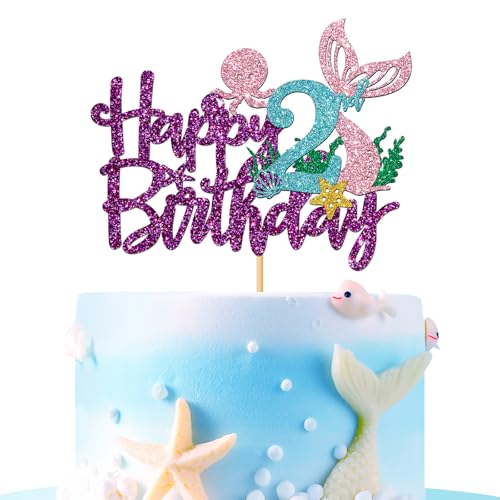 Tortenaufsatz mit Meerjungfrauen-Motiv "Happy 2nd Brithday" – unter dem Meer, Mädchen, Kinder, 2 Geburtstagskuchenbedarf/Ozeanwelt 2. Meerjungfrauen-Geburtstagsparty-Dekoration, violetter Glitzer Tortenaufsatz mit Meerjungfrauen-Motiv "Happy 2nd Brithday" – unter dem Meer, Mädchen, Kinder, 2 Geburtstagskuchenbedarf/Ozeanwelt 2. Meerjungfrauen-Geburtstagsparty-Dekoration, violetter Glitzer von MERRSHIN
