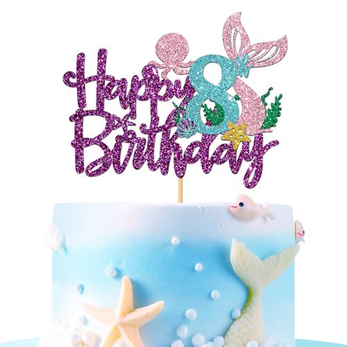 Tortenaufsatz mit Meerjungfrauen-Motiv "Happy 8th Brithday" – unter dem Meer, Mädchen, Kinder, 8. Geburtstag, Party-Dekoration, lila Glitzer Tortenaufsatz mit Meerjungfrauen-Motiv "Happy 8th Brithday" – unter dem Meer, Mädchen, Kinder, 8. Geburtstag, Party-Dekoration, lila Glitzer von MERRSHIN