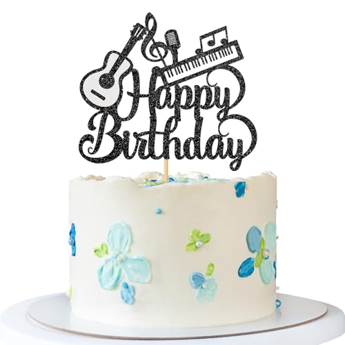 Tortenaufsatz mit Musikmotiv "Happy Birthday", Gitarren-Klavier-Kuchenzubehör, Musikergeburtstag, Babyparty, Kindergeburtstag, Party-Dekoration, schwarzer Glitzer von MERRSHIN