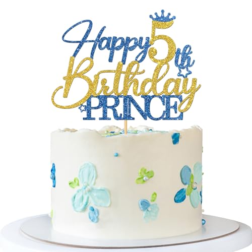 Tortenaufsatz zum 5. Geburtstag, Motiv: Prinz – Happy 5th Birthday Kuchenzubehör für Jungen – Junge 5 Jahre alte Geburtstagsparty-Dekorationen – Blau & Gold Glitzer von MERRSHIN