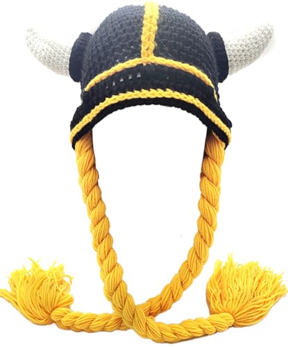 MERRYJULY Gestrickter Wikingerhut mit Hörnern und Zöpfen, lustige Hüte für Damen und Herren, Erwachsene, Wikingerhelm, Kostüm (Gelb) von MERRYJULY