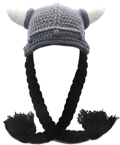 MERRYJULY Gestrickter Wikingerhut mit Hörnern und Zöpfen, lustige Hüte für Damen und Herren, Erwachsene, Wikingerhelm, Kostüm (schwarz) von MERRYJULY