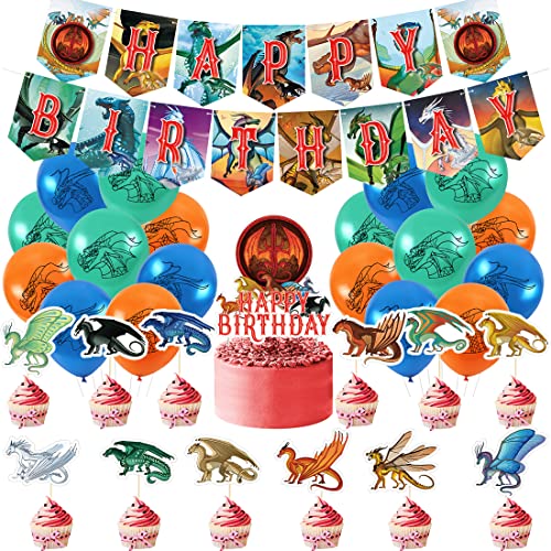 MEZHEN Dragon Geburtstag Deko Luftballon Tortendeko Dragon Ballon Girlande Happy Birthday Banner Dino Geburtstagsdeko Kindergeburtstag Latexballons 32 Stück von MEZHEN