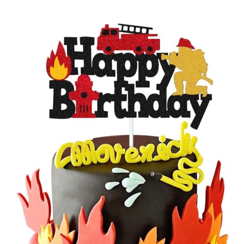 MEZHEN Flammen Tortendeko Geburtstag Kuchen Deko Feuerwehrauto Cake Topper Happy Birthday Torte Deko Feuerwehrmann Geburtstagsdeko Kuchendeko Geburtstagsparty Kindergeburtstag von MEZHEN