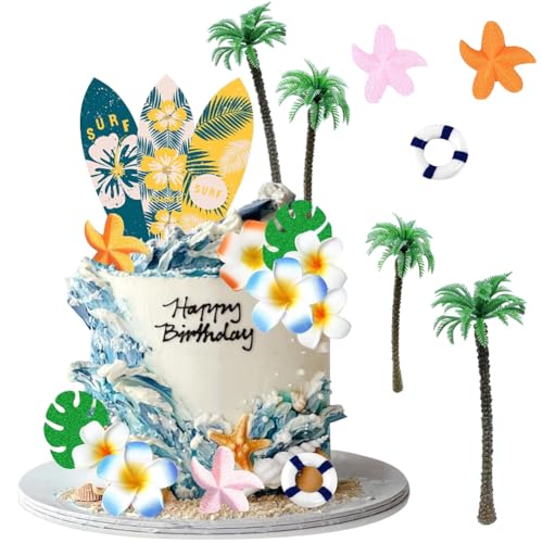 MEZHEN Hawaii Tortendeko Strand Kuchen Deko Blumen Torte Deko Geburtstag Cake Topper Kuchendekoration Palmblätter Kuchendeko Tropical Picknick Kuchen Topper Hawaiisch Thema Geburtstag Hochzeit von MEZHEN