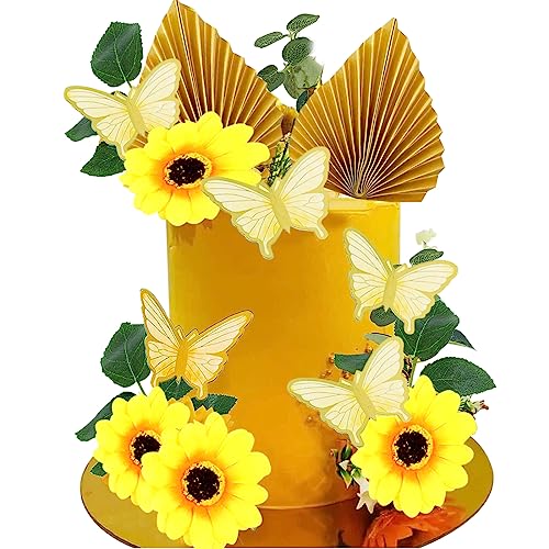 MEZHEN Tortendeko Blume Geburtstag Deko Sonnenblume Deko Kuchen Tortendeko Schmetterling Cake Topper Sunflower Kuchendekoration Hochzeitstorte Dekoration 32 Stück von MEZHEN