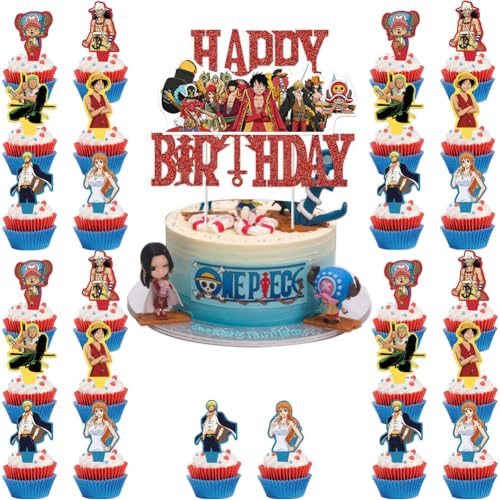 MEZHEN Tortendeko für One Piece Kuchen Deko Geburtstag Torte Deko Wanted Cake Topper Happy Birthday Cupcake Topper Kuchendeko Muffin Geburtstagsdeko von MEZHEN