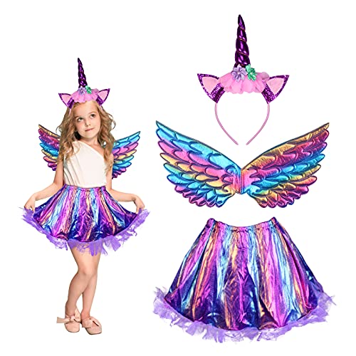 MEZOOM 3 Stück Einhorn Kostüm Prinzessin Set, Mädchen Einhorn Haarreif Flügel mit Tutu Rock Kinder Regenbogen Unicorn Cosplay Kostüme für Halloween Einhornparty Kindergeburtstag (3-9 Jahre) von MEZOOM