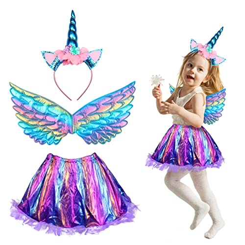 MEZOOM 3 Stück Einhorn Kostüm Prinzessin Set Mädchen Einhorn Haarreif Flügel mit Tutu Rock Kinder Unicorn Cosplay Kostüme für Einhornparty Geburtstag Halloween (3-9 Jahre) (Blau) von MEZOOM