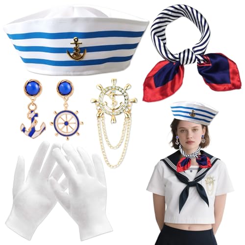 MFCGHXR Matrosenmütze mit Accessoires Set für Erwachsene und Jugendliche – Kunstfertige Wasser-Set für Party und Kostüm, mit Mütze, Halstuch, Anker-Abzeichen, Ohrringen und Handschuhen MFCGHXR Matrosenmütze mit Accessoires Set für Erwachsene und Jugendliche – Kunstfertige Wasser-Set für Party und Kostüm, mit Mütze, Halstuch, Anker-Abzeichen, Ohrringen und Handschuhen von MFCGHXR