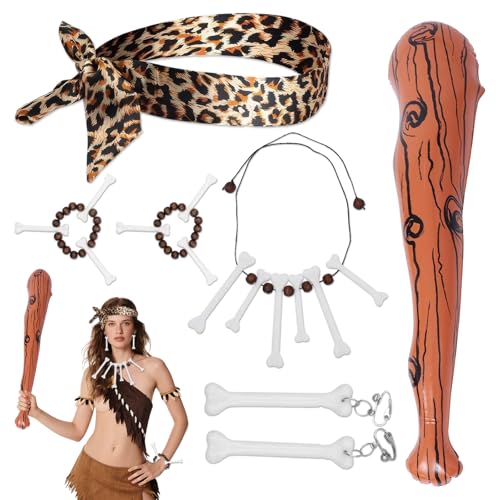 MFCGHXR Steinzeit Kostüm Damen 6-Teiliges Set mit Accessoires – Bärentatzen-Stab, Leoparden-Stirnband, Knochen Halskette, Ohrringe und Armbänder – perfekt für Kostümpartys und Themenveranstaltungen von MFCGHXR