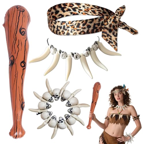 MFCGHXR Steinzeit Kostüm Damen Set mit Höhlenmenschen-Accessoires – Aufblasbare Keule, Leoparden-Stirnband, Schädel-Schmuck – 4-teilig – Einheitsgröße – Braun MFCGHXR Steinzeit Kostüm Damen Set mit Höhlenmenschen-Accessoires – Aufblasbare Keule, Leoparden-Stirnband, Schädel-Schmuck – 4-teilig – Einheitsgröße – Braun von MFCGHXR