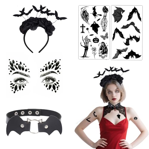 MFCGHXR Weihnachtsgesicht Edelsteine,Creations Halloween Schwarzer Fledermaus Haarreif Damen Halloween Set mit Schmuck-Tattoo und Halsband – 1 Stück, Schwarz MFCGHXR Weihnachtsgesicht Edelsteine,Creations Halloween Schwarzer Fledermaus Haarreif Damen Halloween Set mit Schmuck-Tattoo und Halsband – 1 Stück, Schwarz von MFCGHXR