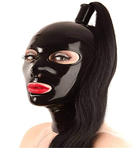 MFMYEE Bondage-Latex-Maske, BDSM-Maske, Fetisch-Kopfbedeckung, Latex, Cosplay, Reißverschluss hinten, Halloween-Maske mit Perücke (schwarz) von MFMYEE