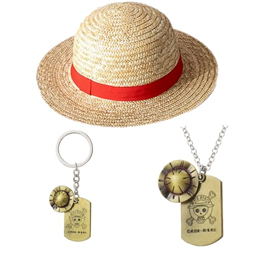 MFUOE 3 Stück Piraten-Strohhhut-Halskette, Schlüsselanhänger, Sommer, Strand, Sonnenhut, Anime, Piratenschmuck, Cosplay-Fans, Geschenk für Erwachsene, Halloween, Fancy Party von MFUOE
