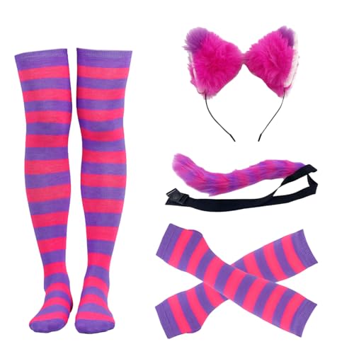 MFUOE 4-teiliges gestreiftes Katzenkostüm-Set, rosa und violette Ohren, Stirnband, Schwanz, Handschuh, Socken, Frauen, Welttag des Buches, Cosplay, Zubehör für Halloween, Cosplay MFUOE 4-teiliges gestreiftes Katzenkostüm-Set, rosa und violette Ohren, Stirnband, Schwanz, Handschuh, Socken, Frauen, Welttag des Buches, Cosplay, Zubehör für Halloween, Cosplay von MFUOE