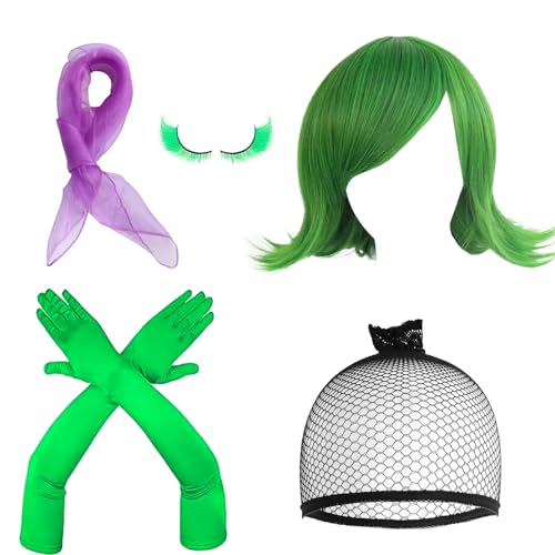 MFUOE 5PCS Halloween Ekel Kostüm Cosplay Set Ekel Grün Kostüm Perücke Lila Schal Falsche Wimpern Handschuhe Haarnetz für Halloween Weihnachten Party Karneval von MFUOE