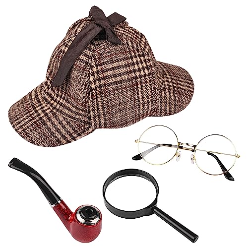 MFUOE Detektiv-Kostüm-Set, Deerstalker, Hut, Lupe, Pfeife, viktorianischer Sherlock Holmes, Kostümzubehör für Halloween, Kostüm, Party-Zubehör, 4-teilig MFUOE Detektiv-Kostüm-Set, Deerstalker, Hut, Lupe, Pfeife, viktorianischer Sherlock Holmes, Kostümzubehör für Halloween, Kostüm, Party-Zubehör, 4-teilig von MFUOE