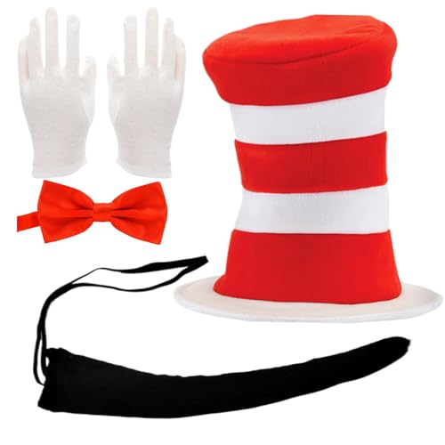 MFUOE Dr. Seuss Zubehör-Set, Fliege, rot und weiß, gestreift, großer Hut, Handschuhe, Schwanz, Welttag des Buches, für Kinder, Erwachsene, Party, Cosplay, 4-teilig MFUOE Dr. Seuss Zubehör-Set, Fliege, rot und weiß, gestreift, großer Hut, Handschuhe, Schwanz, Welttag des Buches, für Kinder, Erwachsene, Party, Cosplay, 4-teilig von MFUOE
