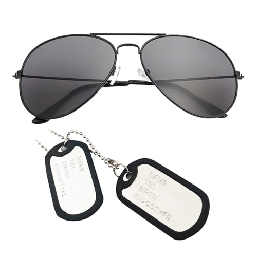MFUOE Piloten-Kostüm-Set, schwarze Sonnenbrille und Erkennungsmarke, Solider-Militär-Cosplay-Zubehör für Herren, Halloween, Party, Cosplay, 2-teilig von MFUOE