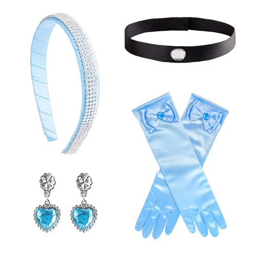 MFUOE Prinzessinnen-Kostüm-Zubehör-Set, blaues Stirnband, Choker, lange Handschuhe mit Schleife, Ohrringe, Damen, Halloween, Cosplay, Verkleidung für Bühnenauftritt, Karneval, 4-teilig von MFUOE