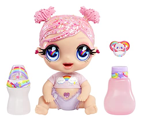 Glitter Babyz MGA DREAMIA Stardust - Babypuppe mit 3 magischen Farbwechseln durch eiskaltes Wasser, Rosa Glitzer-Haar, Regenbogen-Outfit, Windel, Flasche und Schnuller - Für Kinder ab 3 Jahren von MGA Entertainment