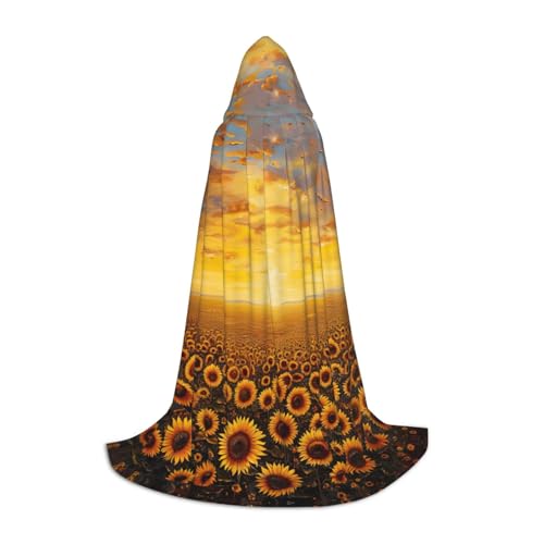 MGGAklp Sonnenblumenfeld, Sonnenuntergang, Blumenmeer-Druck, Kapuzenumhang für Teenager, Halloween, Cosplay und Motto-Partys von MGGAklp