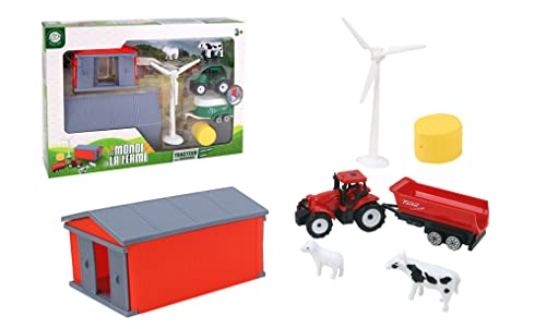 LE Monde DE LA Ferme - Traktor mit Anhänger, Tiere, Bauernhof und Windrad - Bauernhof - 025113-1/60 - Freilauf-Fahrzeug - Rot - Metall - Kinderspielzeug - Landwirtschaft - Fahrzeug - Ab 3 Jahren von MGM