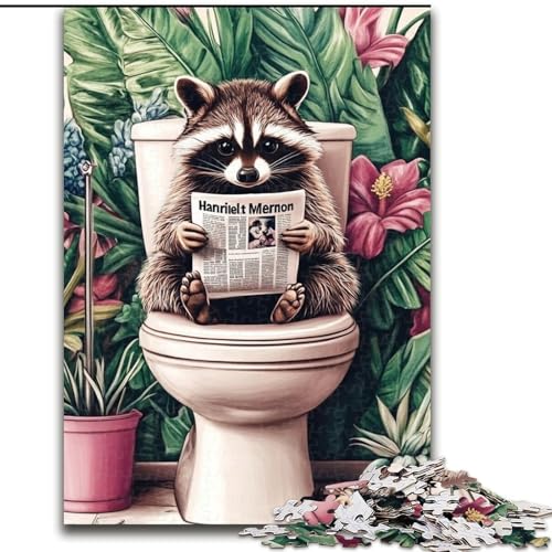 1000-teiliges Puzzle für Erwachsene und Jugendliche, Waschbär auf der Toilette, geeignet für Personen ab 14 Jahren, Lernspiele, Wichtelgeschenke (Größe 26x38cm) von MGQWPZDBD
