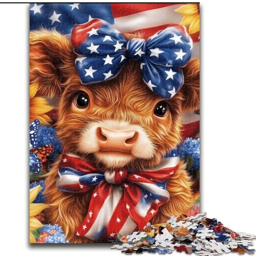 1000-teiliges Puzzle für Erwachsene und Jugendliche,amerikanische Flagge,Hochlandkuh,für Erwachsene und Jugendliche ab 14 Jahren,Lernspiel,Herausforderung,Spielzeug,Geschenk zum Geburtstag 26x38cm von MGQWPZDBD