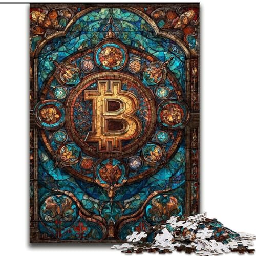 1000-teiliges Puzzle für Teenager, Buntglas-Bitcoin, Lernspielzeug, einzigartige Geburtstags- und Geschenkideen für Kinder ab 14 Jahren (Größe 26x38cm) von MGQWPZDBD