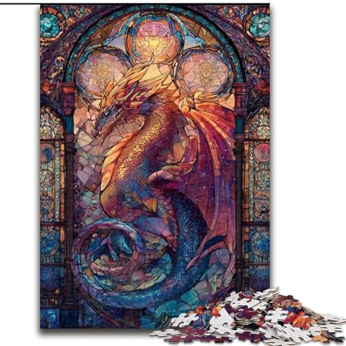 1000-teiliges Puzzle für Teenager, Buntglasdrache, Lernspielzeug, einzigartige Geburtstags- und Geschenkideen für Kinder ab 14 Jahren (Größe 50x75cm) von MGQWPZDBD