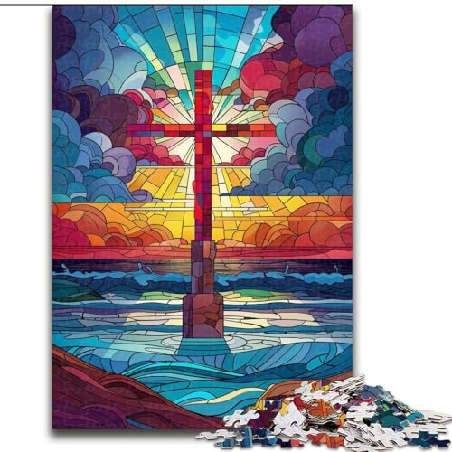 1000-teiliges Puzzle für Teenager, Buntglaskreuz, Lernspielzeug, einzigartige Geburtstags- und Geschenkideen für Kinder ab 14 Jahren (Größe 26x38cm) von MGQWPZDBD