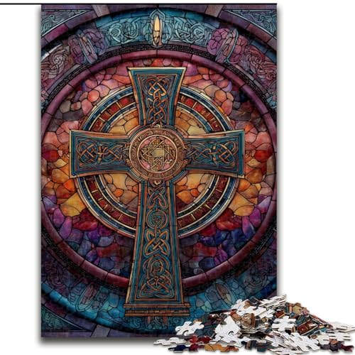 1000-teiliges Puzzle für Teenager, Buntglaskreuz, Lernspielzeug, einzigartige Geburtstags- und Geschenkideen für Kinder ab 14 Jahren (Größe 50x75cm) von MGQWPZDBD