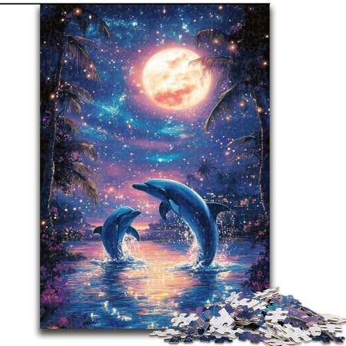 1000-teiliges Puzzle für Teenager, Delfine unter dem Mond, Lernspielzeug, einzigartige Geburtstags- und Geschenkideen für Kinder ab 14 Jahren (Größe 50x75cm) von MGQWPZDBD