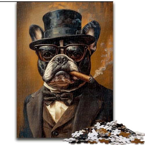 Puzzle 1000 Teile für Erwachsene, Französische Bulldogge rauchend, Lernspiele, Heimdekoration, geeignet für die Schreibtischdekoration (Größe 26x38cm) von MGQWPZDBD