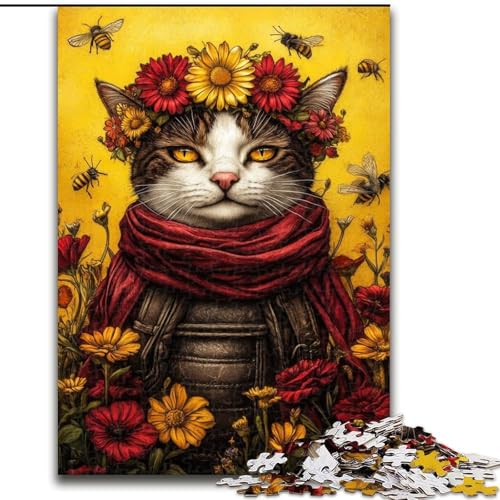 Puzzle 1000 Teile für Erwachsene, Katze unter Blumen, Lernspiele, Heimdekoration, geeignet für die Schreibtischdekoration (Größe 26x38cm) von MGQWPZDBD