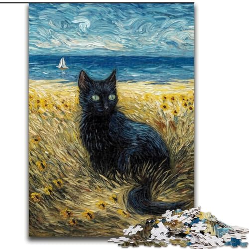 Puzzle 1000 Teile für Erwachsene, Schwarze Katze, Lernspiele, Heimdekoration, geeignet für die Schreibtischdekoration (Größe 26x38cm) von MGQWPZDBD