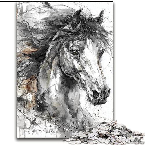 Puzzle 1000 Teile für Erwachsene, Tuschemalerei-Pferd, Lernspiele, Heimdekoration, geeignet für die Schreibtischdekoration (Größe 26x38cm) von MGQWPZDBD