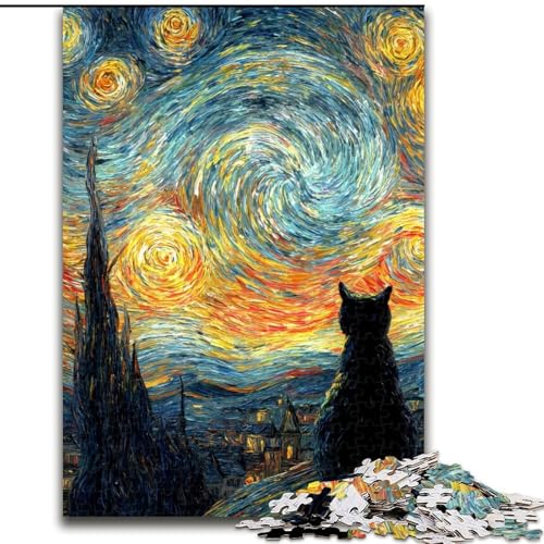 Puzzle 1000 Teile für Erwachsene, Van Gogh, Nachthimmel, Schwarze Katze, Lernspiele, Heimdekoration, geeignet für die Schreibtischdekoration (Größe 50x75cm) von MGQWPZDBD