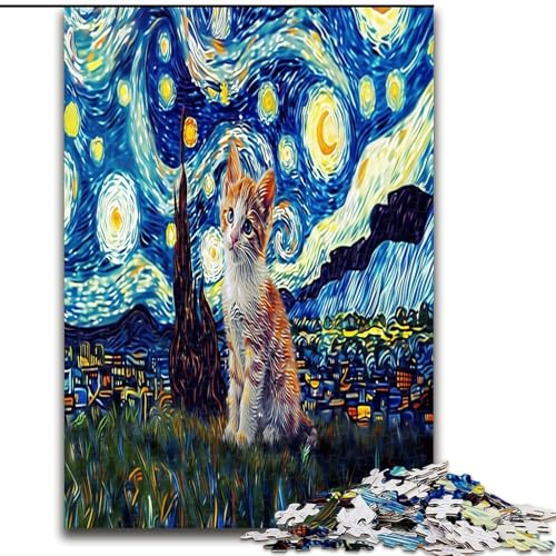 Puzzle 1000 Teile für Erwachsene und Jugendliche, Katze unter dem Nachthimmel, Lernspielzeug, Familienspiele, einzigartige Geburtstags- und Geschenkideen (Größe 26x38cm) von MGQWPZDBD