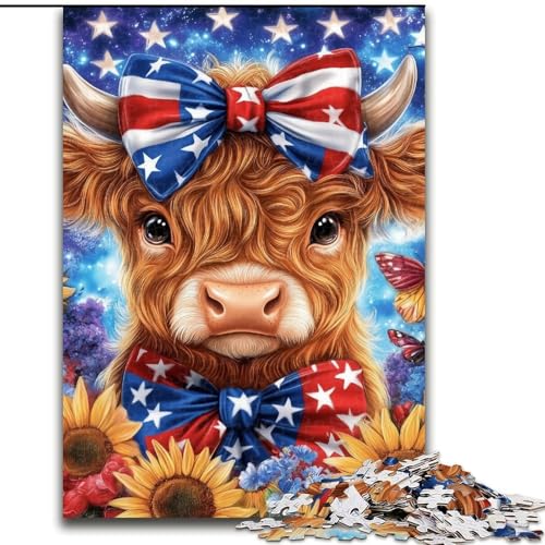 Puzzle für Erwachsene, 1000 Teile, Amerikanische Flagge, Hochlandkuh, hilft dem Gehirn, süchtig machendes Spielzeug zu trainieren, um Geduld zu fördern und das Gedächtnis zu verbessern (Größe 50x75cm) von MGQWPZDBD