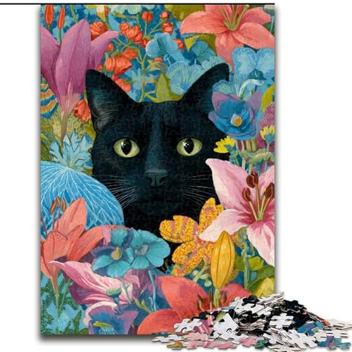 Puzzle für Erwachsene, 1000 Teile, Blumenmuster, Schwarze Katze, dekomprimierendes intellektuelles Lernspielzeug, ganze Familie (Größe 50x75cm) von MGQWPZDBD
